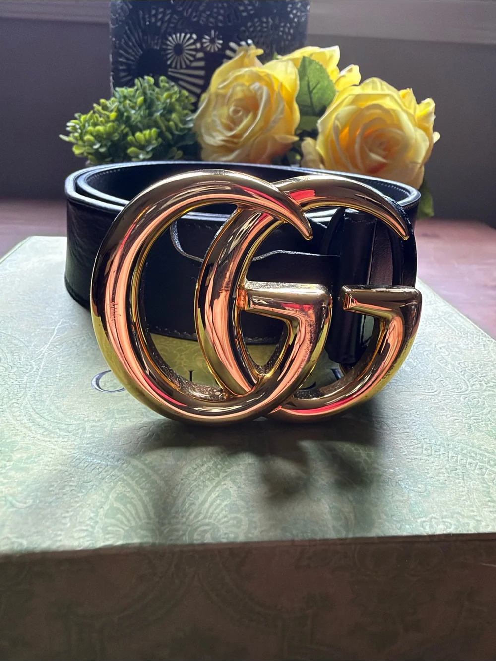 Gucci Black Leather Belt with Gold Double G Buckle
